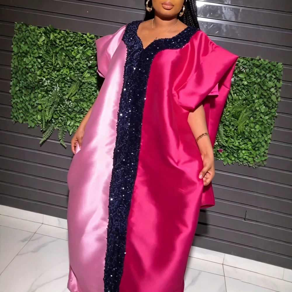 New african party dress - color block batwing sleeve design satin robe bubudress