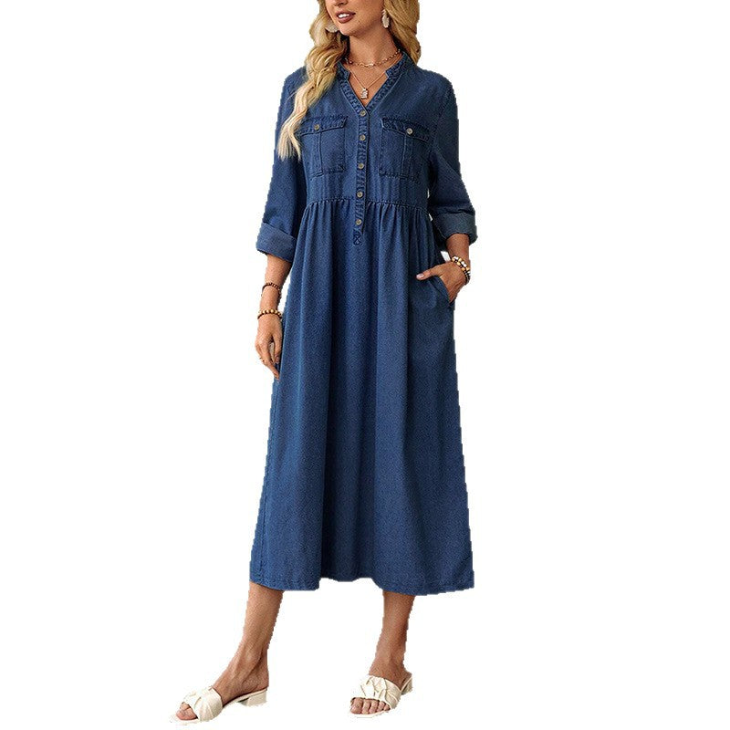 fashionexportplus size women's clothing new arrivaltrendy street fashion pure color denim longdress
