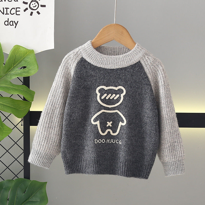 Kids' fleece-lined sweater:  winter collection - thickened pullover knit top, korean style, boys' crew neck wool sweater