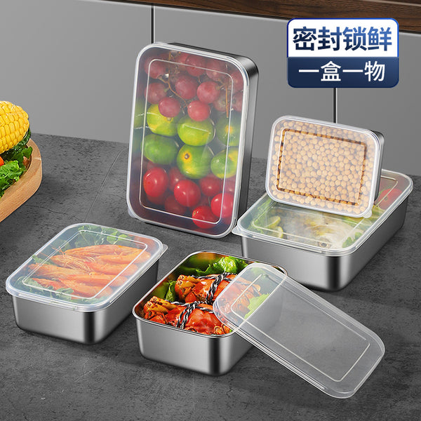Stainless steel seasoning crisper, rectangular plate for meals with lid, refrigerator food storage box, frozen box, large capacity