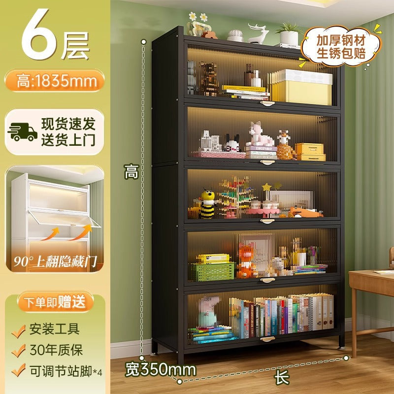 Steel bookcase with doors, dustproof storage rack, all-in-one wall-mounted multifunctional kids' bookshelf, freestanding storage cabinet for home use