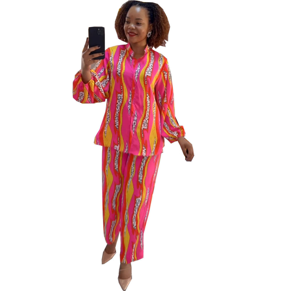 new african cross-border fashion: printed long-sleeve shirt and elastic waist pants casual set