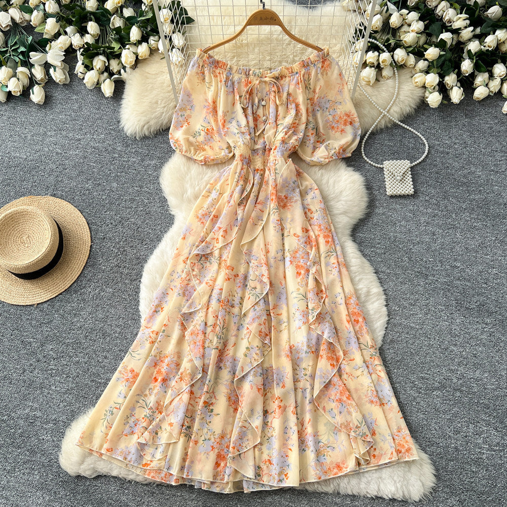 K-style floral dress for women, summer v neck, short-sleeved waist, a-line long skirt, holiday style elegant skirt