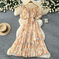 K-style floral dress for women, summer v neck, short-sleeved waist, a-line long skirt, holiday style elegant skirt