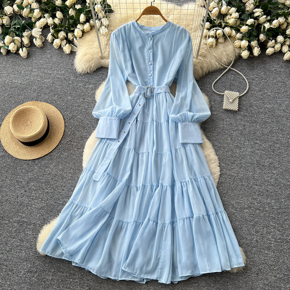 French pink bubble sleeve rhinestone dress - women's summer cinched waist ruffle tiered a-line maxi dress - elegant style