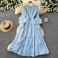 French pink bubble sleeve rhinestone dress - women's summer cinched waist ruffle tiered a-line maxi dress - elegant style