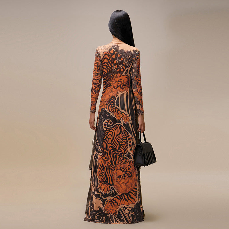 Europe, America 2025 new spring women's clothing personalized trend fashion printing semi-turtleneck mesh long high split top