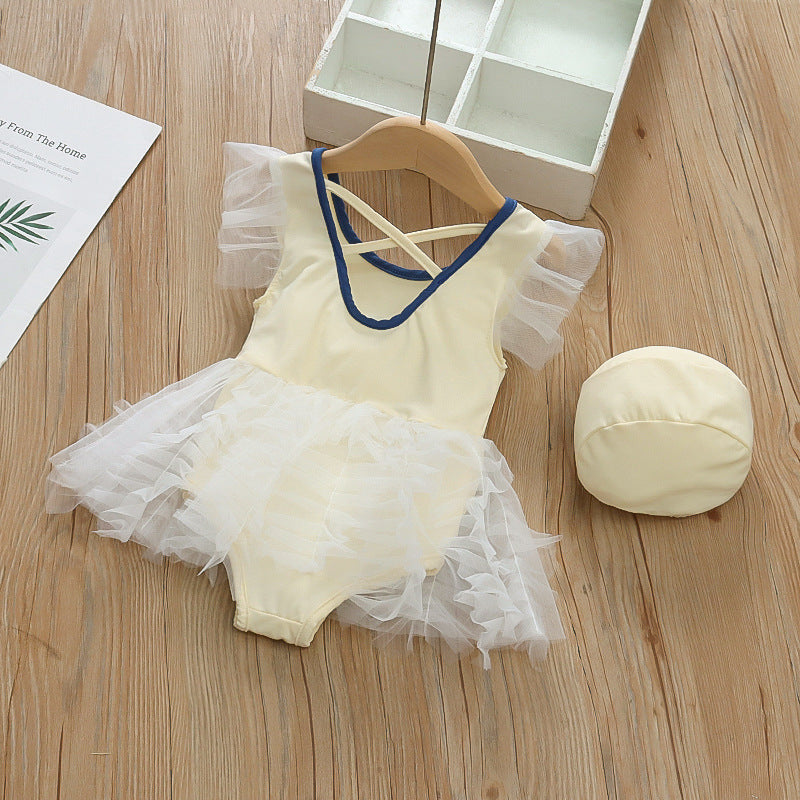 Korean-style ins baby girl swimsuit - cute puffy one-piece mesh swimwear for toddlers and young girls