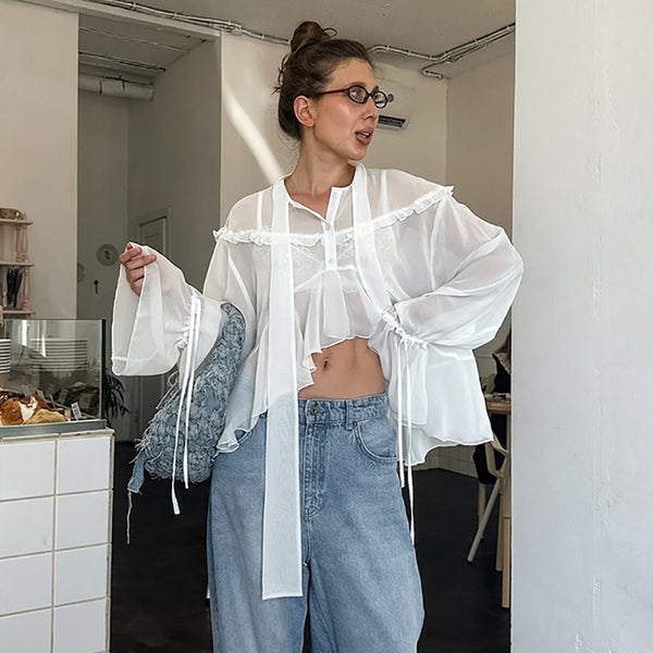 French design ruffle edge chiffon top women's autumn fashion thin white streamer jumper casual shirt
