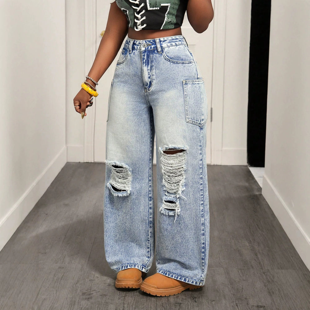 Fashionjeans women's high waist side flap pocket pants big holes raw edge loose pants washed retro hot girl mop pants