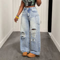 Fashionjeans women's high waist side flap pocket pants big holes raw edge loose pants washed retro hot girl mop pants