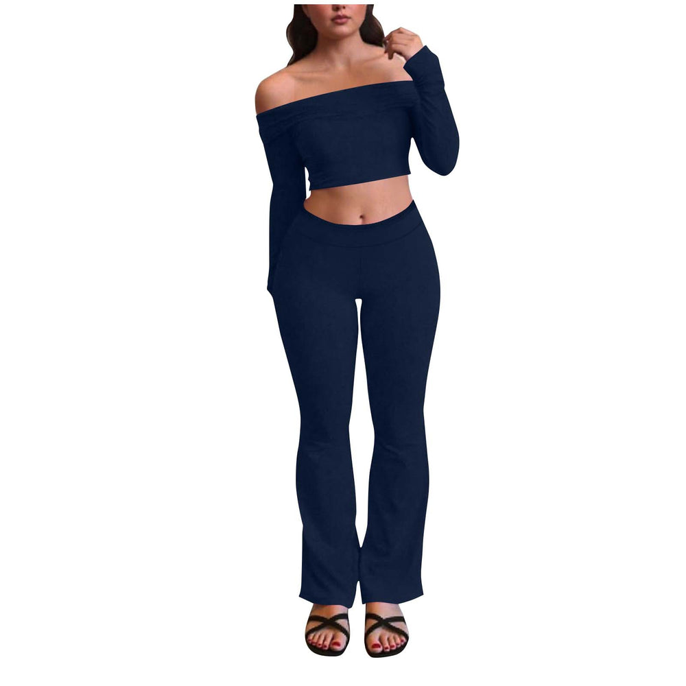 women's cross-border fashion casual slim-fit off-the-shoulder long sleeve top and elastic waist long pants tracksuit set