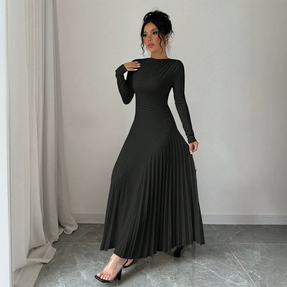 Amazon cross-border e-commerce new long-sleeved knitted maxi dress with ruched detail - elegant style