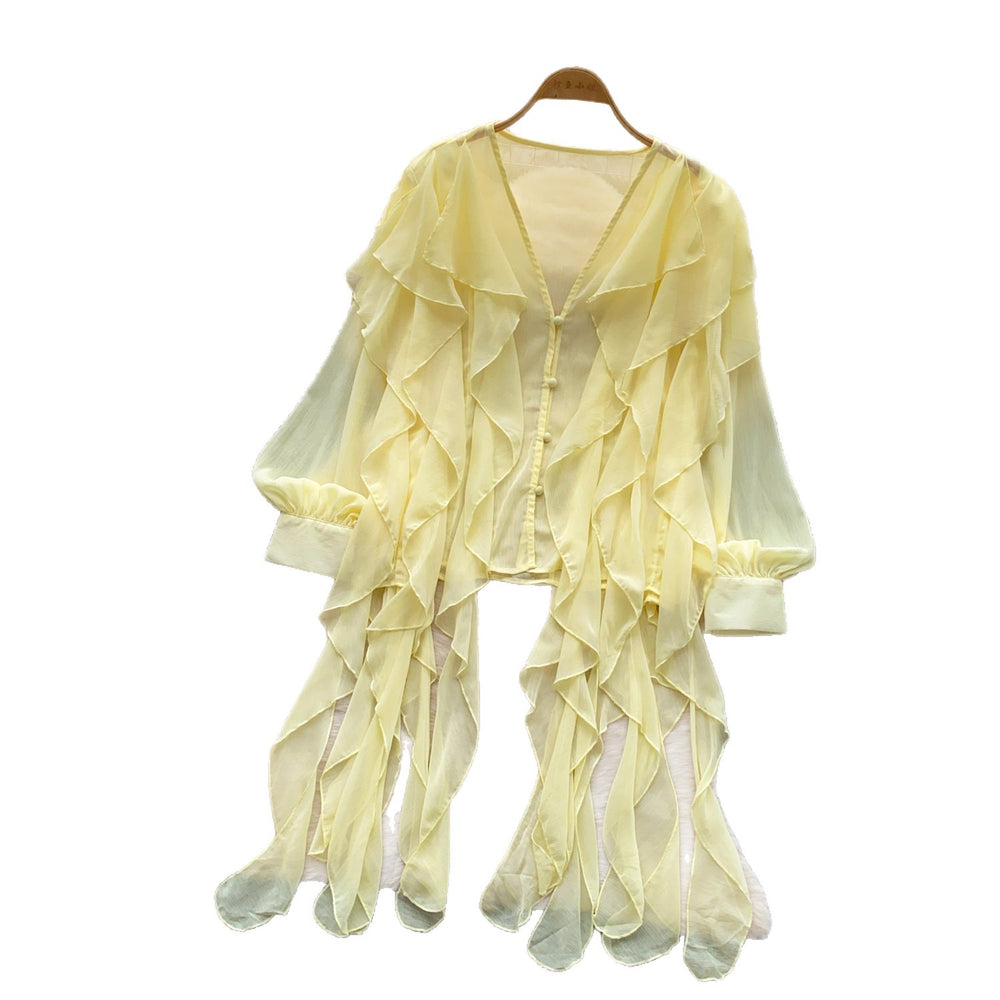 Frenchromantic style comfortable breathable rufflesshirt women's long sleevesloosecardiganslimming lookeasiest for matchwork clothingtops