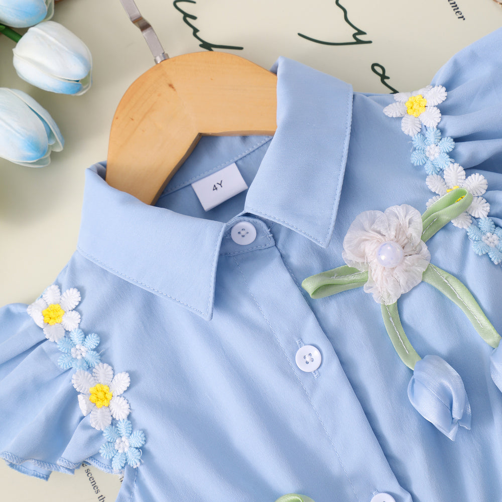 Girls' dress for toddlers and young children, 3d floral flutter sleeve dress