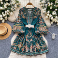 Palace style dress for women new arrivalfashionretrov neck lantern sleeve waist printing a line dress short skirt