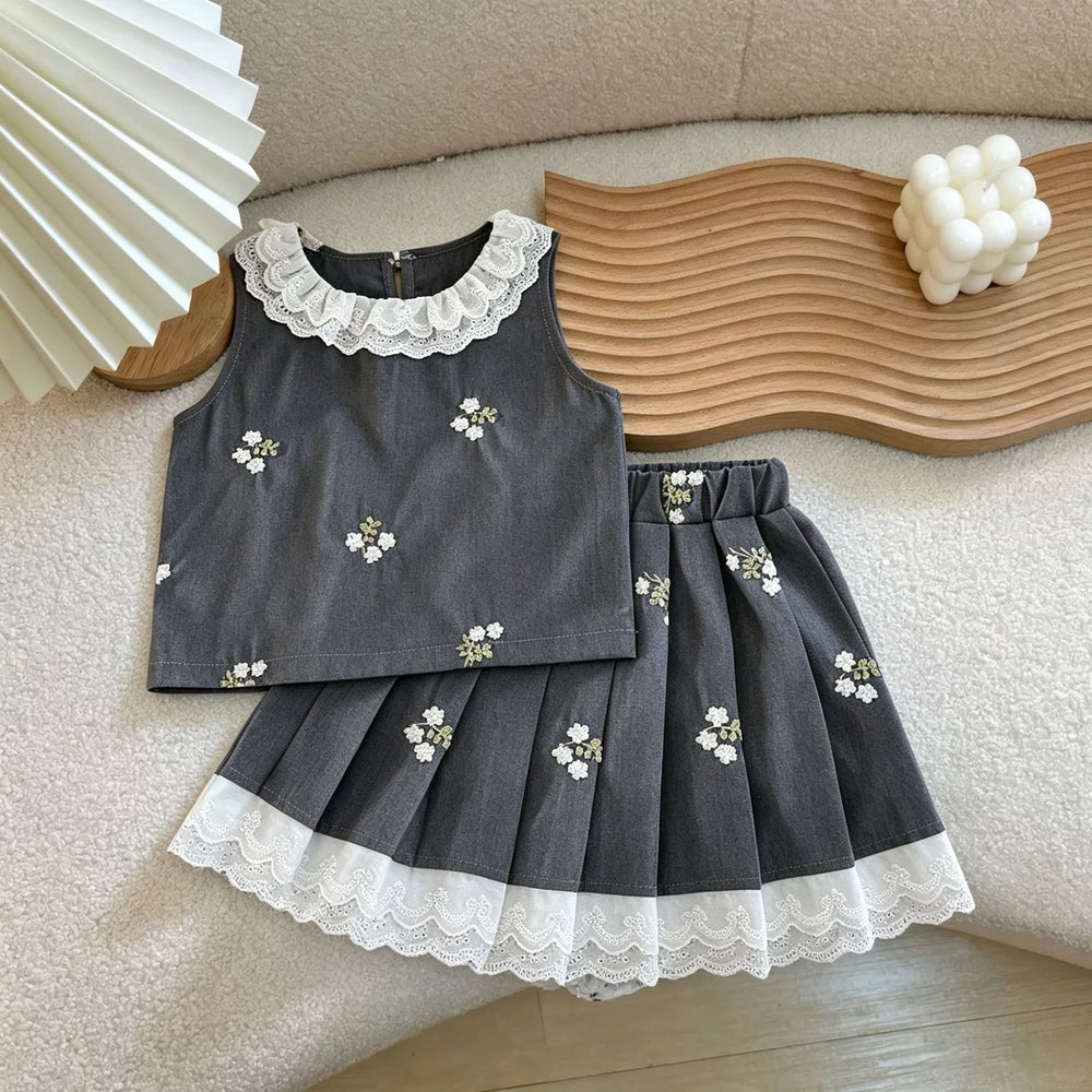 Girls' summer outfit: new embroidered floral tweed-style tank top and pleated skirt two-piece set - hot seller for cross-border e-commerce