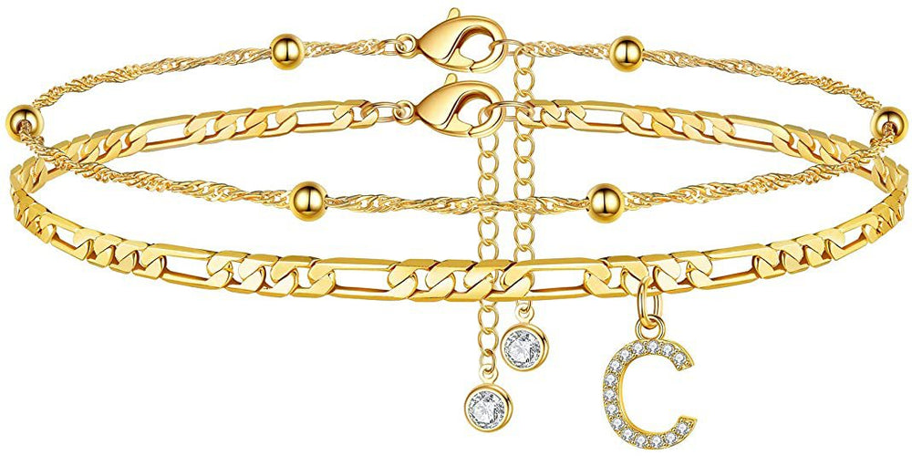 export hot-selling 26-letter anklet, zircon letter anklet, minimalist fashion seed bead cuban double-layer anklet