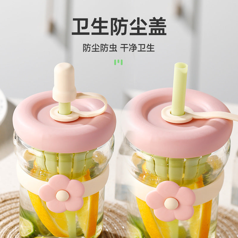 Drop shipping free shipping flower glass cup with lid and straw ins large capacity tea water separation tea cup ins feng shui cup