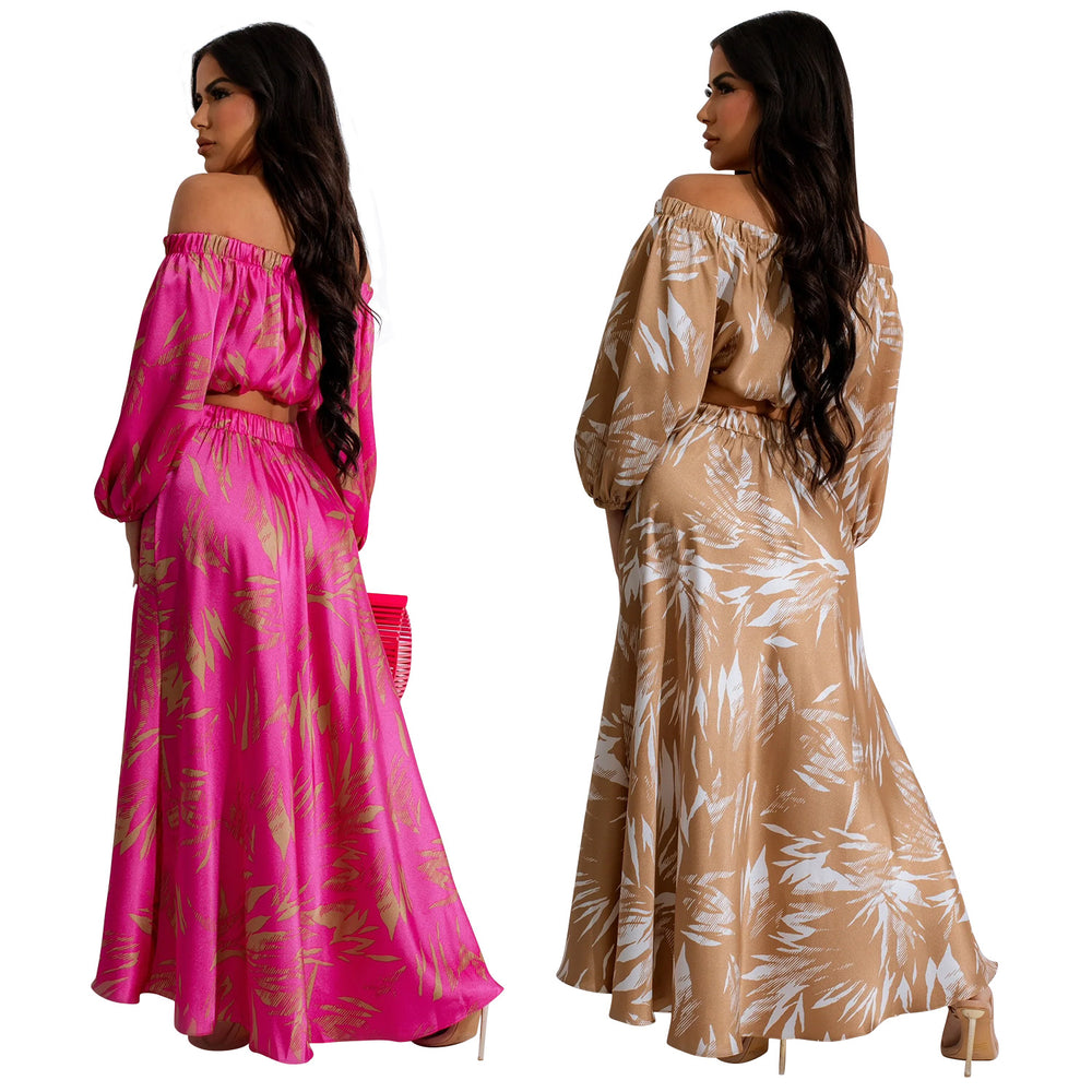 C6881 cross-border   fashion women's printed sexy long sleeve cropped maxi dress two-piece set