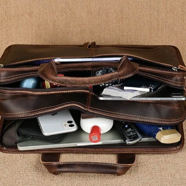 Casual retro genuine leather men's briefcase 15.6inch business handbag shoulder crossbody bag cowhide men's bag