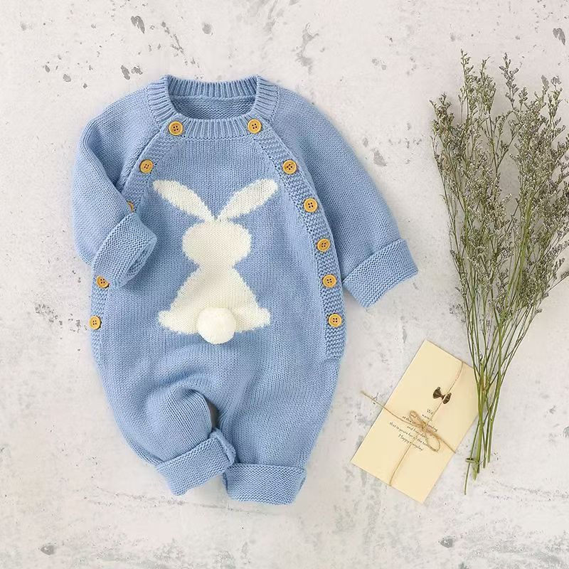 New european and american solid color baby knitted rabbit button romper outdoor wool baby jumpsuit cross-border 024