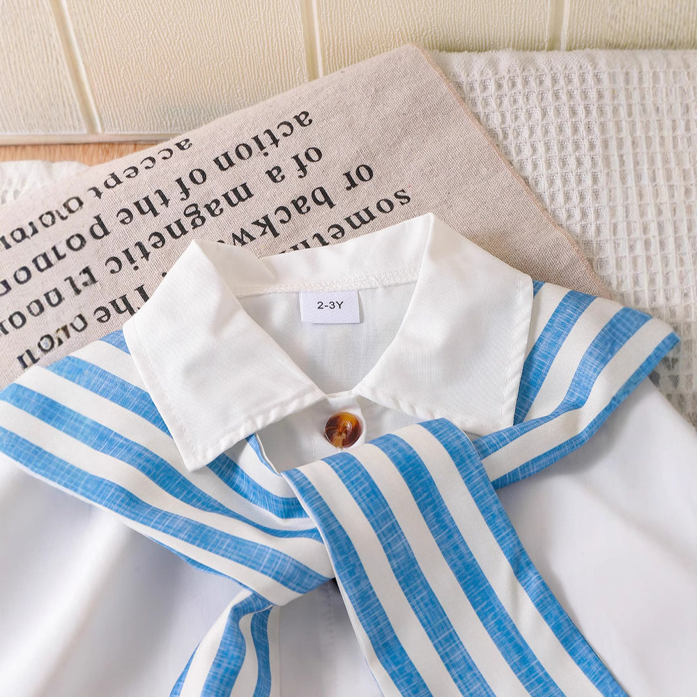 fashion summer new girlssuitpreppy style striped shawl off-white shirt shorts two-piece set
