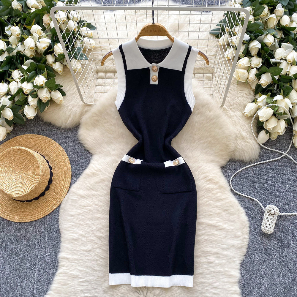 Xiaoxiangfengretrocontrast colorpolo collar sleeveless knittingdress women's summer french waist slimming looksweater short skirt