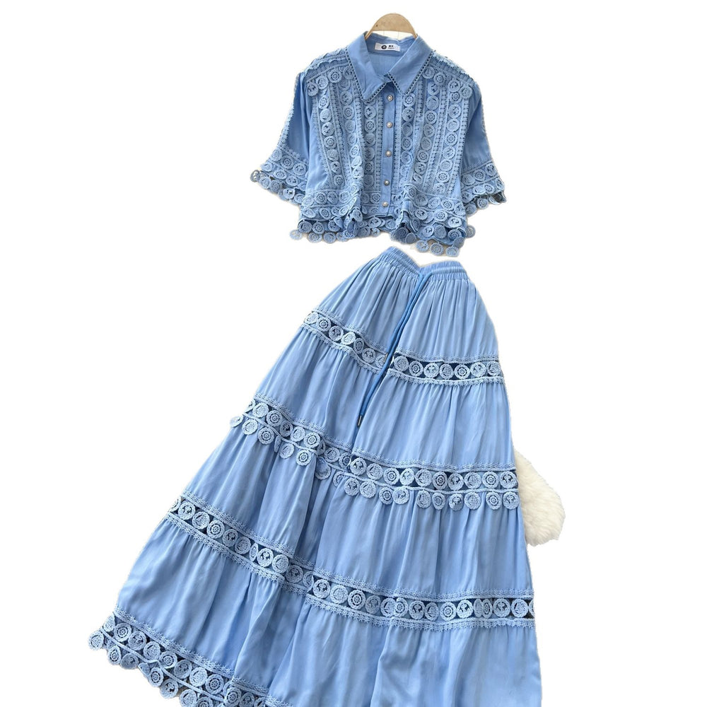 French retro court style two-piece set: women's loose-fit crochet lace patchwork short-sleeve top and high-waisted midi skirt