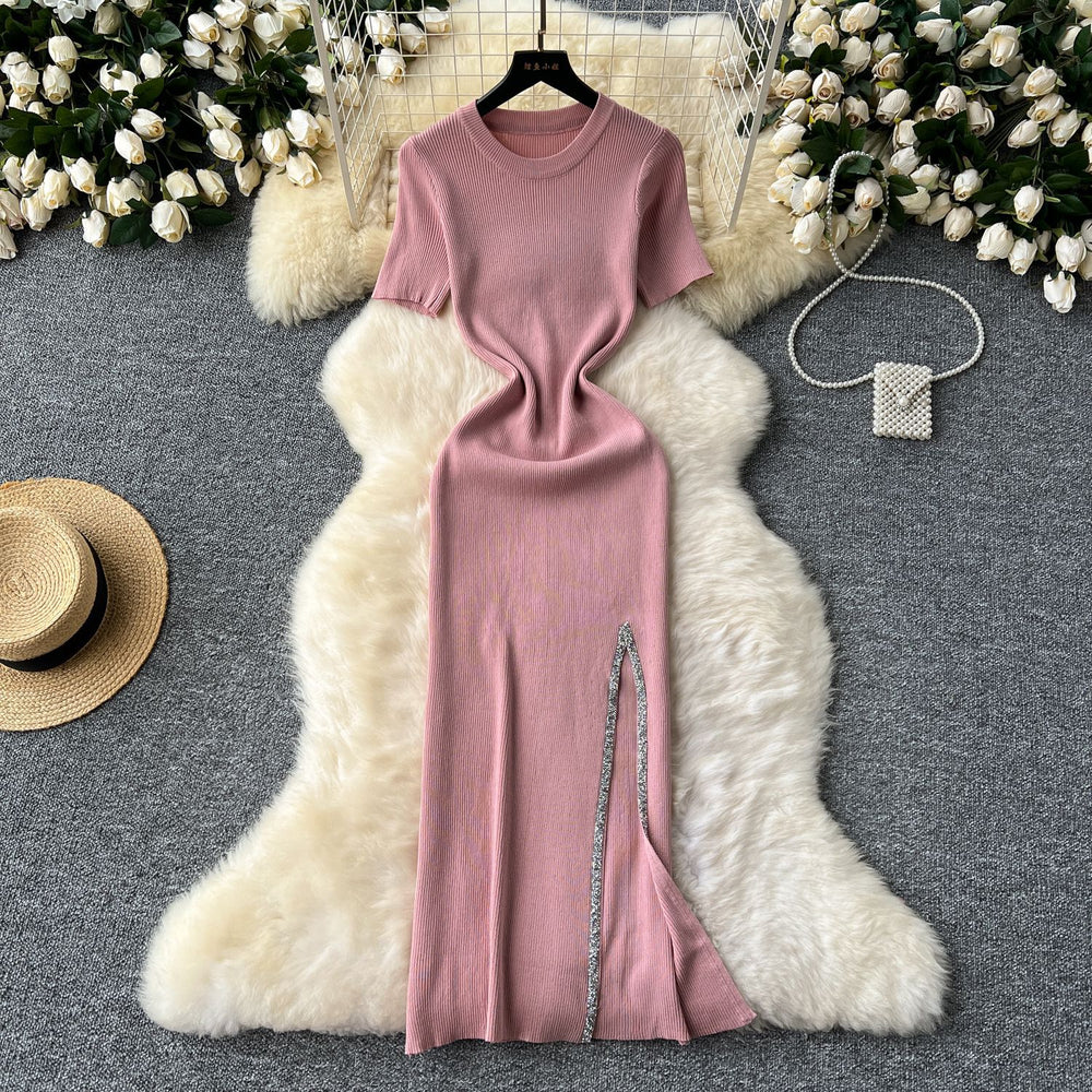 Elegant and chic sequin-embellished midi knit dress for women - summer collection: sexy, slim-fit, round neck, short sleeves, and a flattering slit