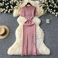 Elegant and chic sequin-embellished midi knit dress for women - summer collection: sexy, slim-fit, round neck, short sleeves, and a flattering slit