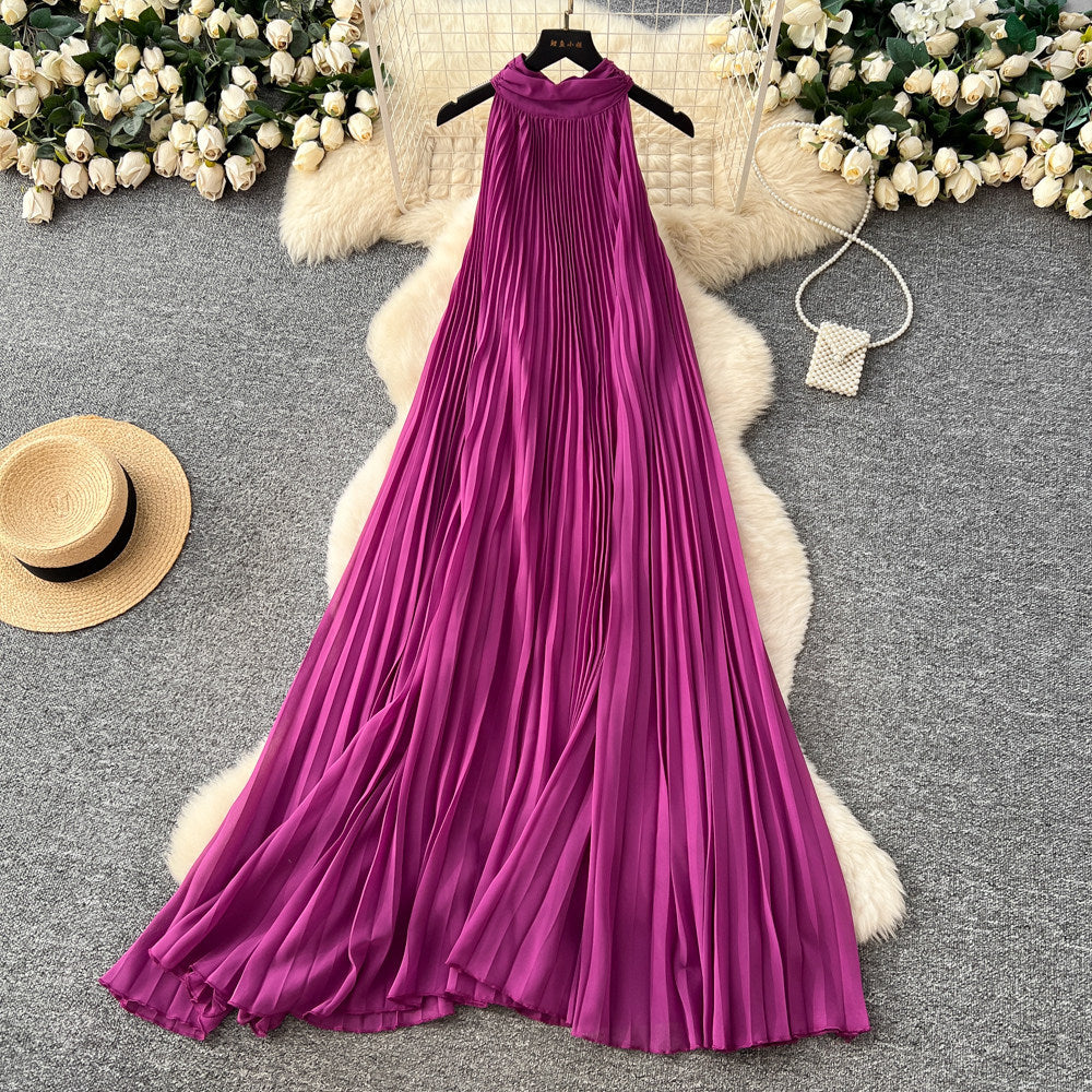 Vacation style halter sleeveless pleated dress women's springk-style heavy industry pleated high waist a-line large swing long skirt