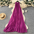 Vacation style halter sleeveless pleated dress women's springk-style heavy industry pleated high waist a-line large swing long skirt