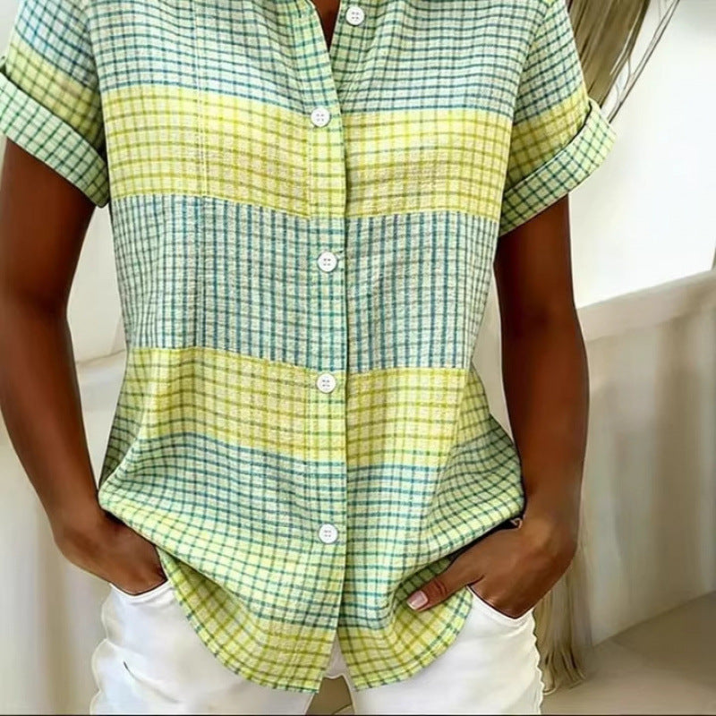 Amazon plaid shirt collar short sleeve shirt women's  summer new casual slim fit everyday top