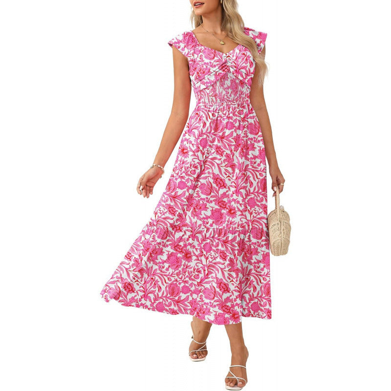 Amazon bohemian ruffle sleeve dress women's  summer new floral flowy a-line dress