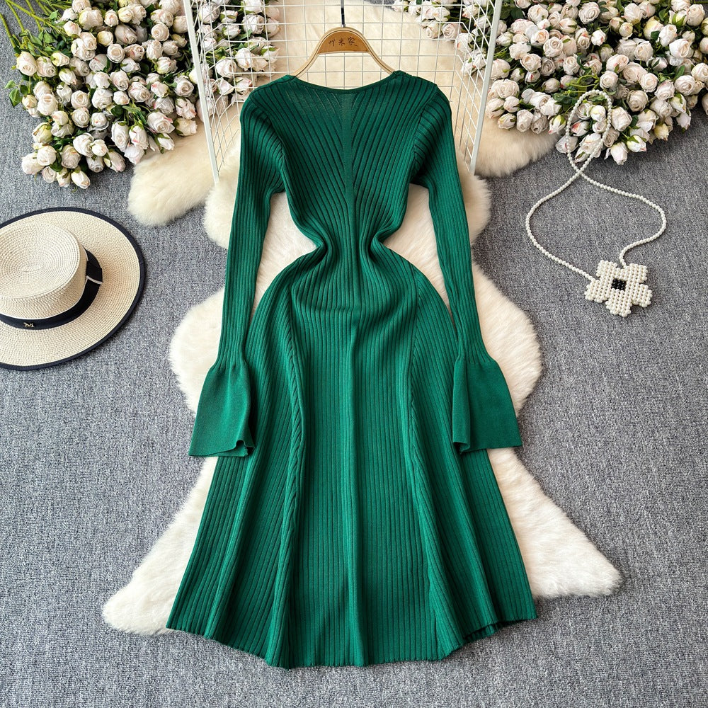 fall/winter new arrival: solid color slim-fit long sleeve knit a-line midi dress - women's base layer