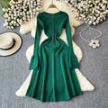 fall/winter new arrival: solid color slim-fit long sleeve knit a-line midi dress - women's base layer