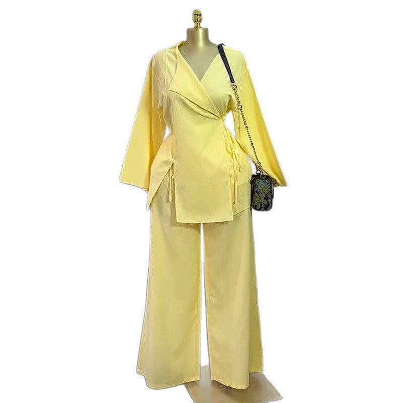 European and american women's clothing  autumn new collection: sweet and fresh v-neck long sleeve shirred waist blouse and high-waisted straight-leg pants two-piece set