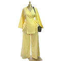 European and american women's clothing  autumn new collection: sweet and fresh v-neck long sleeve shirred waist blouse and high-waisted straight-leg pants two-piece set