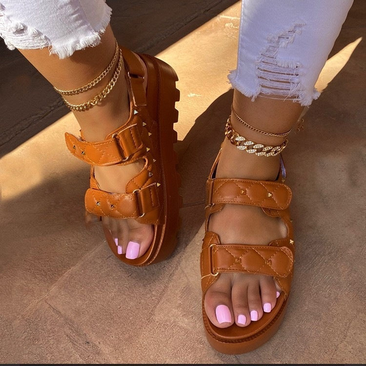 Women's new arrival rivet & plaid platform sandals - european style, plus size, one-strap hook & loop closure, roman sandals