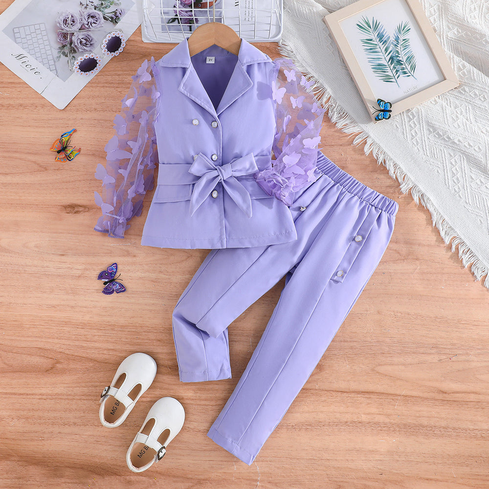 fall/winter new girls' long-sleeve bowknot mesh sleeve blazer and pants two-piece set (sizes for toddlers and young children)