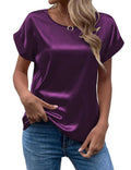 Women's short-sleeve satin blouse - relaxed fit, versatile crew neck, satin shirt - cross-border   new arrival