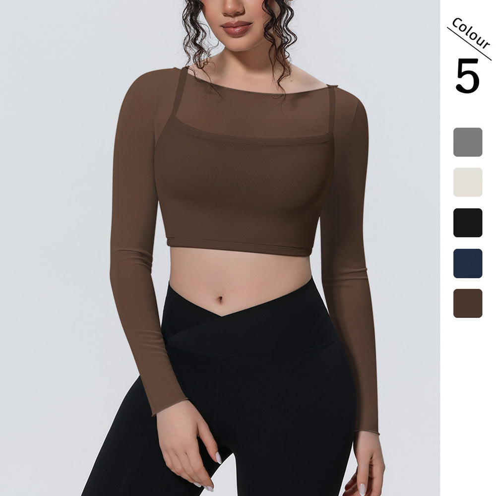 Fake two-piece mesh sports long sleeves t-shirt for women with chest pad, yoga wear tops, quick-drying slimming look outwear fitness wear