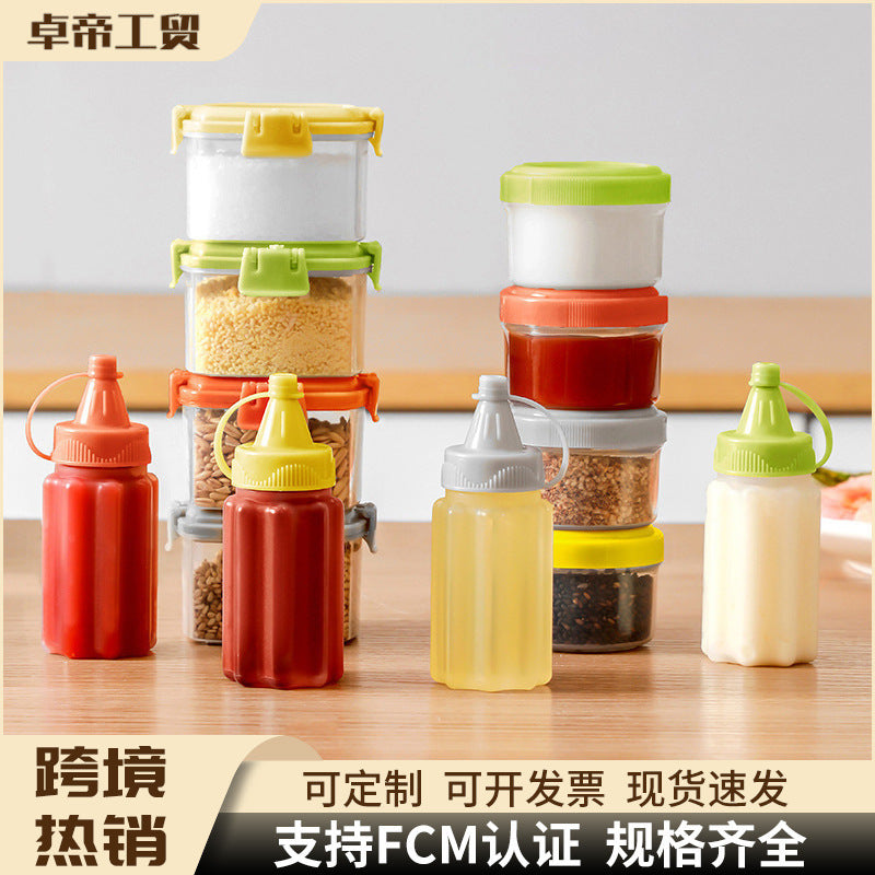 Four-piece seasoning set: transparent sauce dispenser bottles for outdoor bbq, kitchen spice jars, and condiment containers