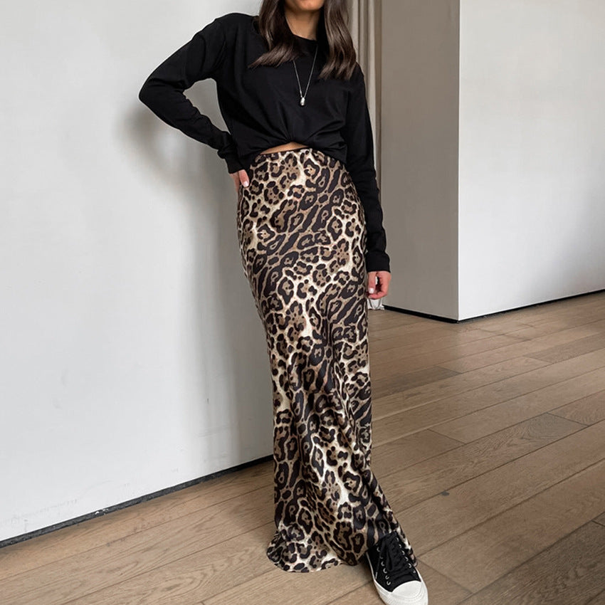 2024 autumn European and American retro leopard print skirt women's fashion high waist drape satin A-shaped dress wholesale women's clothing