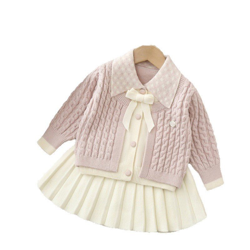 autumn new children's knit cardigan set - girls' preppy two-piece outfit