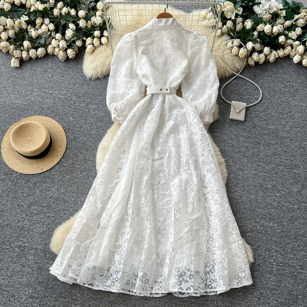 Frenchelegancev neck floral dress women's k-stylelong sleeves lapel waist a-line long skirt work clothingclassy