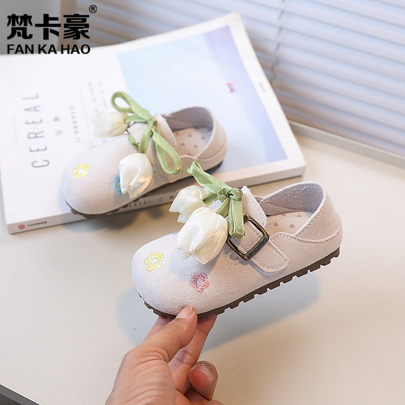 Vancahao kids' french-style leather shoes, new autumn  collection: embroidered princess shoes for girls, vintage student flats