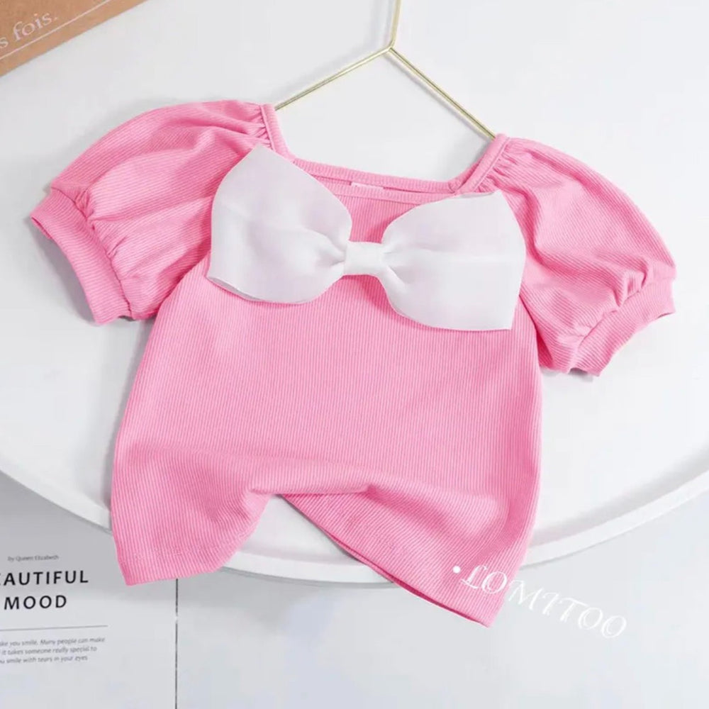 Fresh & sweet short-sleeve bow t-shirt for girls - new summer collection: baby girl's basic tee with puff sleeves