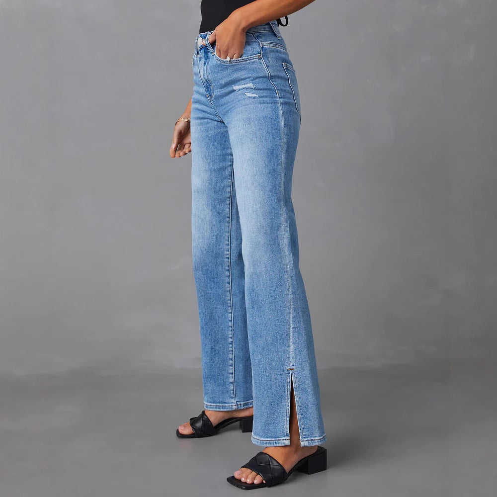 Amazon slit jeans women's new arrival stretch washed loose pants elegant commuterhigh waistjeans